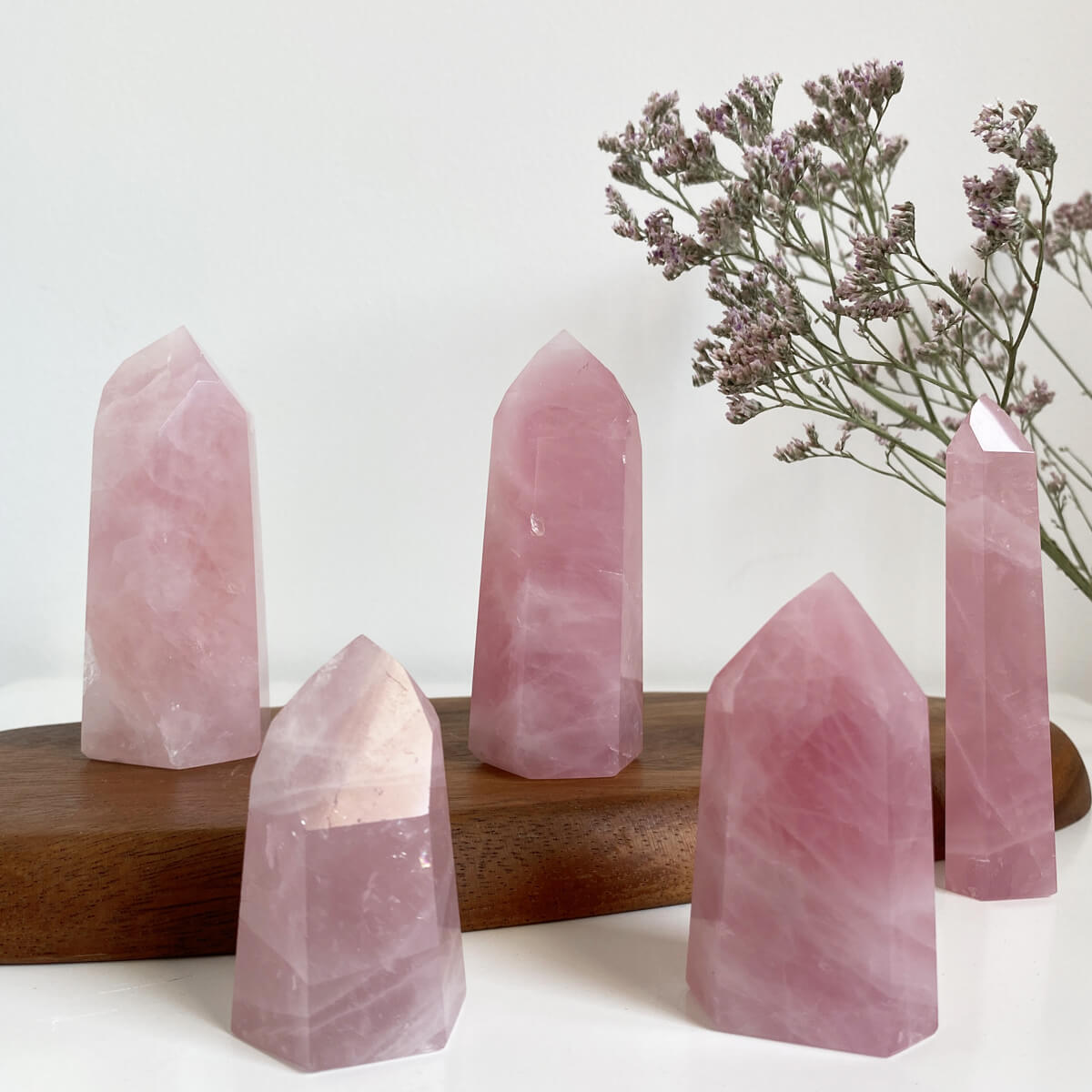 punta de cuarzo rosa extra pulida