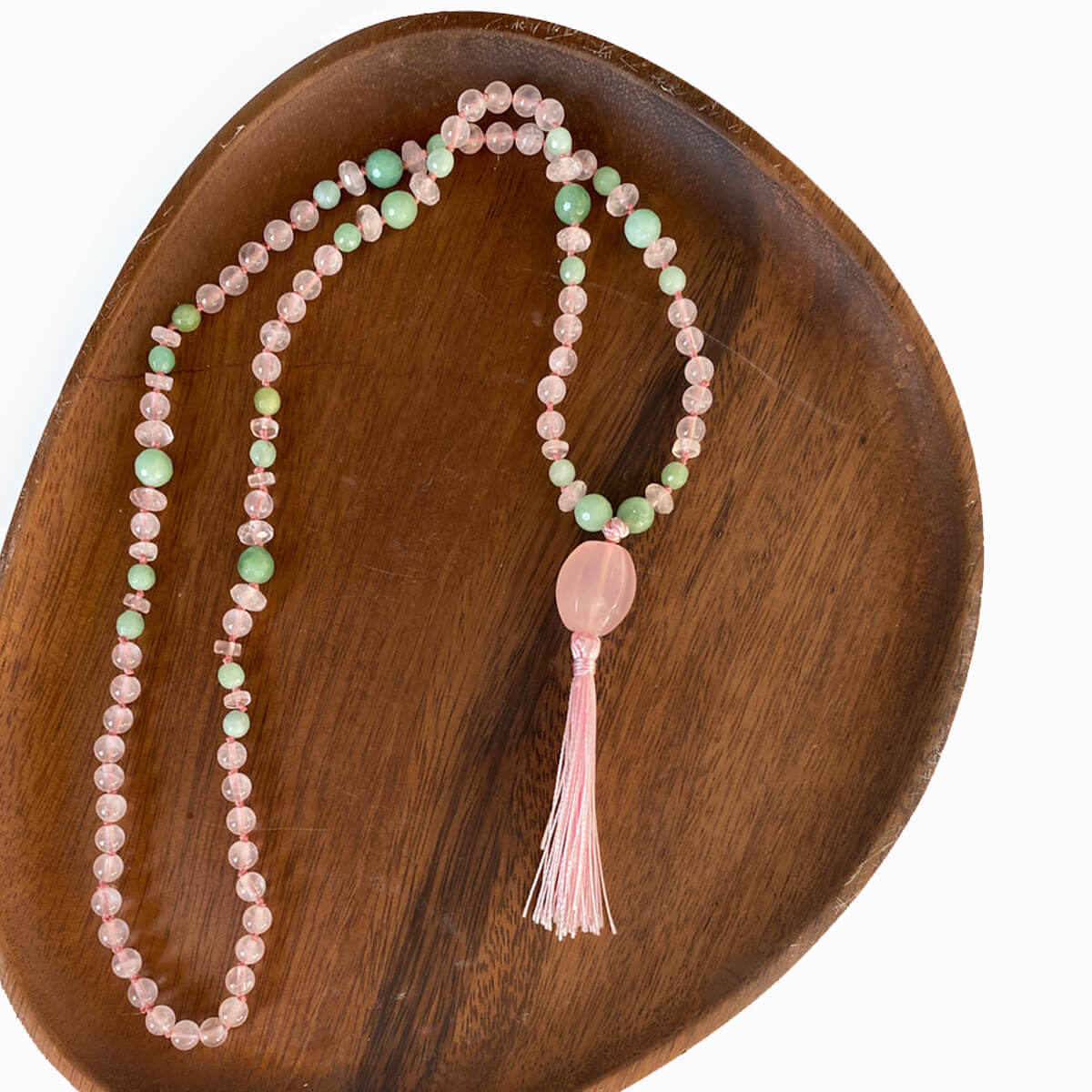 japa mala de cuarzo rosa y verde