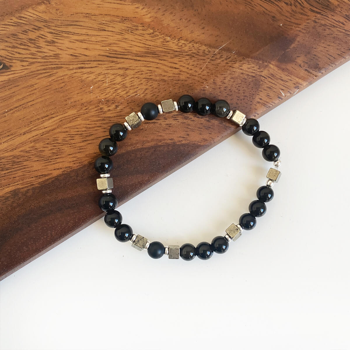 Pulsera de obsidiana dorada, ónix y pirita 2