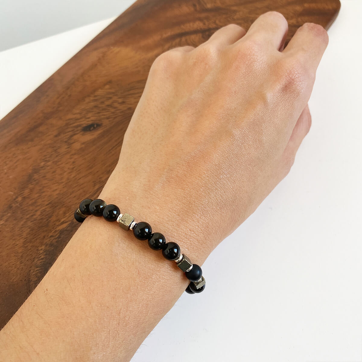 Pulsera de obsidiana dorada, ónix y pirita