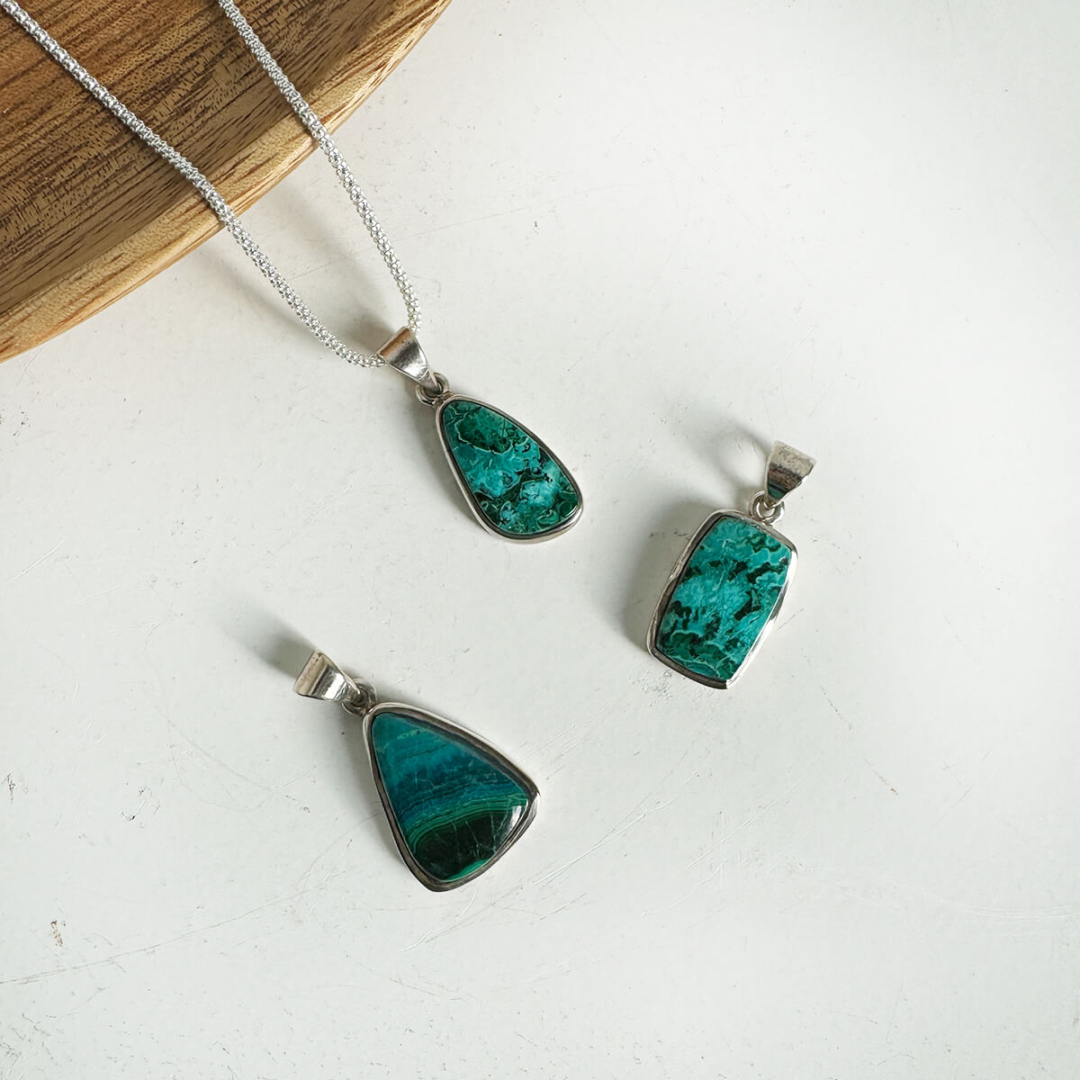 colgante de malaquita con crisocola en plata